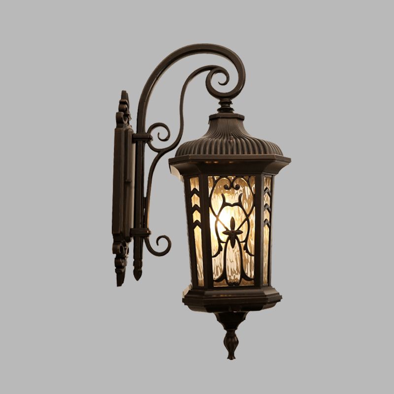 1-Head Wall Sconce Lighting Country Lantern Metallic Wall Mounted Lamp in Black with Water Glass Shade