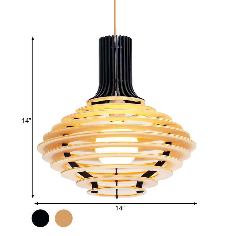 Asia Single Bulb Pendulum Light Black/Beige Wine Jar Shaped Hanging Lamp Kit with Wood Cage