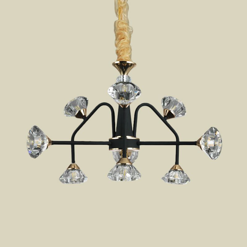 Sputnik Bedroom Chandelier Lamp Modern Metal 9 Bulbs Black Pendant Light with Diamond Crystal Shade