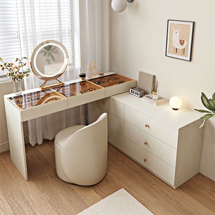 Cream Glass Top Vanity Makeup Dressing Table Stool Set with Drawers