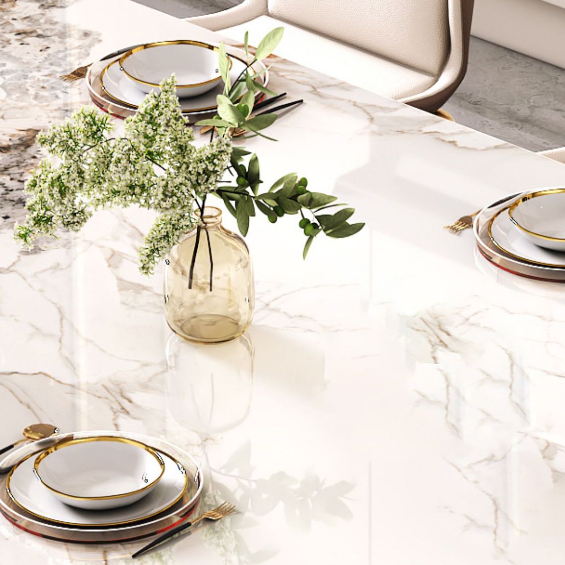 High Gloss White Dining Table Set 1/4/5/7 Pieces Stone Dinette Set for Kitchen