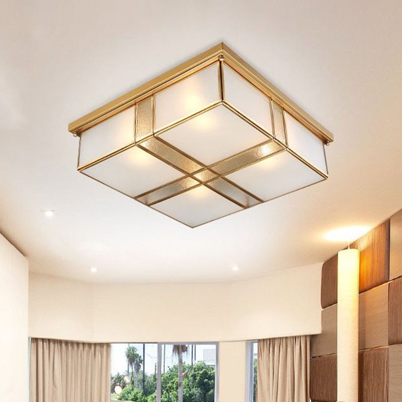2-Bulb Cubic Flush Mount Lamp Warehouse Brass Opal Glass Ceiling Light Fixture for Bedroom