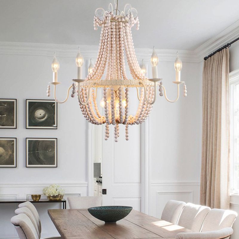 Empire Wood Strand Chandelier Light Rustic 9 Lights Dining Room Pendant Ceiling Light in White
