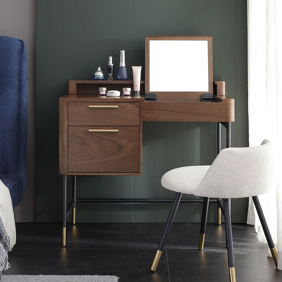 Modern Flip Single Wood Vanity with Padded Stool Lighted Mirror Vanity Desk