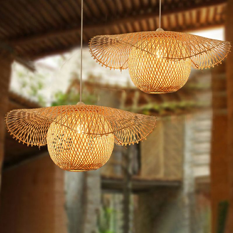 Beige Lotus Leaf Suspension Light Fixture Asian 1 Head Bamboo Hanging Pendant Light