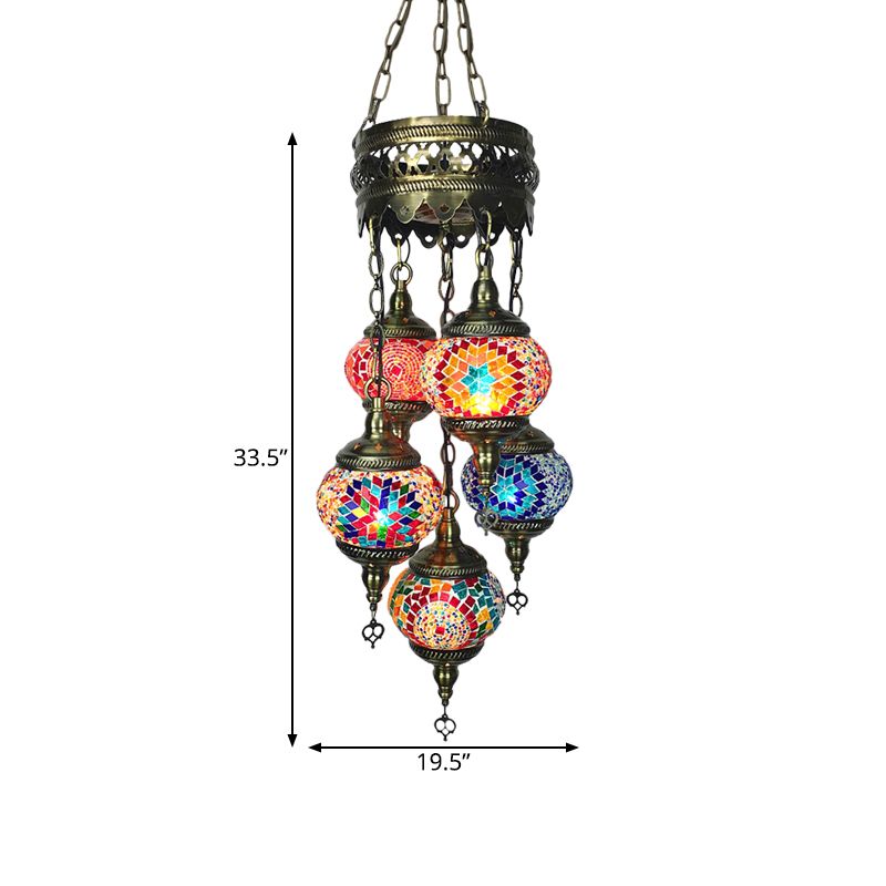 Vintage Oval Chandelier Light Fixture 5 Heads Stained Art Glass Hanging Lamp for Bedroom in Orange/Blue
