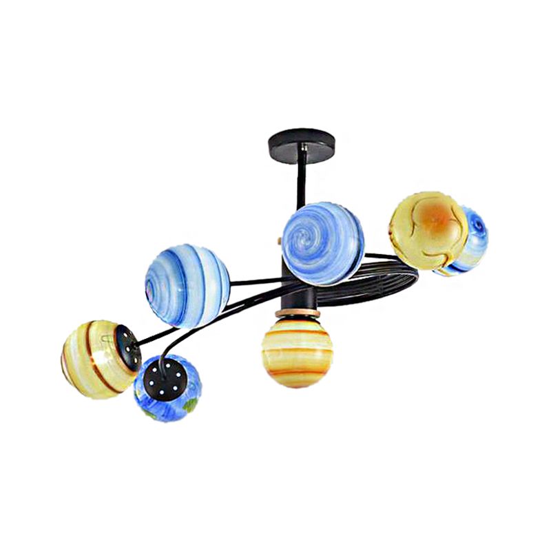 Planet Design Semi Flush Chandelier Modern Metal 7 Lights Black Ceiling Light Fixture with Handblown Glass Ball Shade