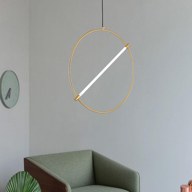 Circle Hanging Light Minimalist Metal 1 Head Gold Suspended Lighting Fixture, 16"/23.5" Wide