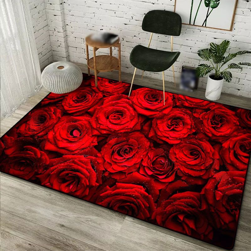 Fancy Red Modern Rug Polyester Floral Print Area Rug Non-Slip Backing Rug for Home Decor