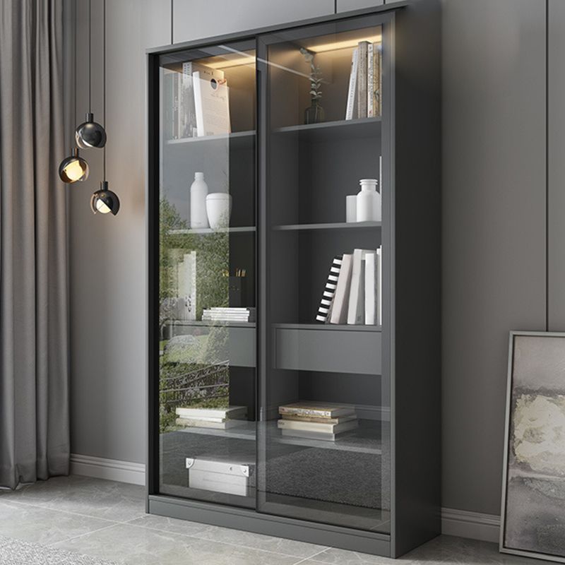 Faux Wood Modern Storage Cabinet Glass Sliding Doors Display Cabinet for Living Room