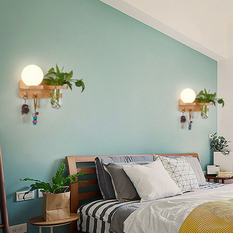 Cream Glass Geometric Wall Sconce Art Deco 1 Head Wall Mounted Light with Plant Container and Wooden Shelf