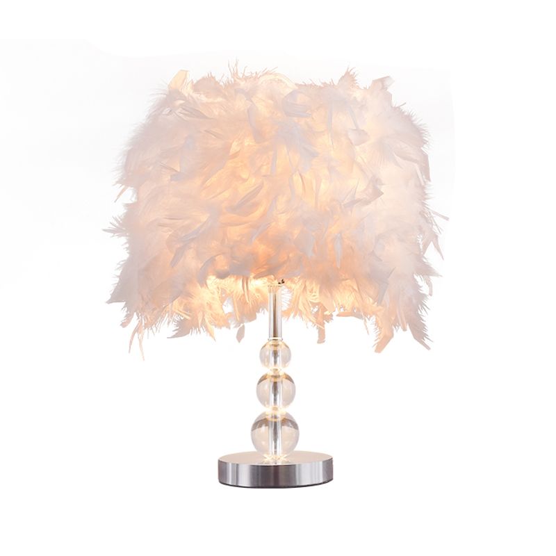 Minimalist Cylinder Night Light Feather 1 Head Bedroom Table Lamp in Red/Pink/Purple with Bubble Crystal Pedestal