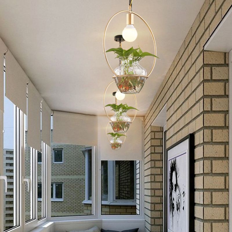 1 Head Metal Ceiling Light Antique White/Gold Round Restaurant LED Down Lighting Pendant with Plant Can Decoration