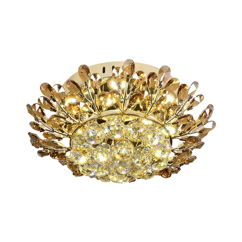 Cognac and Clear Crystal Gold Ceiling Lamp Branch LED Contemporary Flush Mount Lighting Fixture in Gold for Living Room