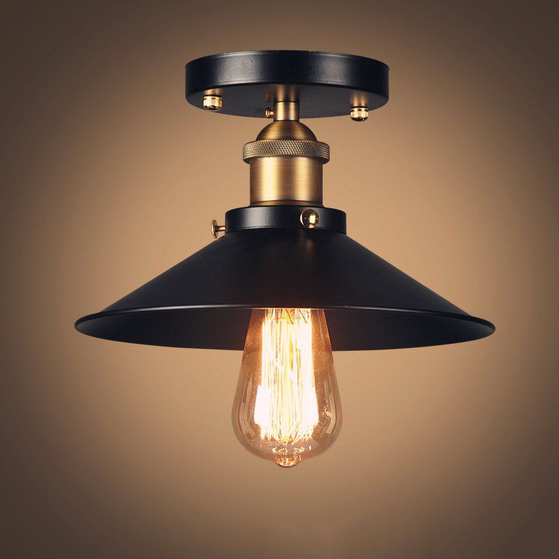 Black 1-Light Semi Flush Mount in Industrial Concise Style Wrought Iron Ceiling Fixture for Corridor