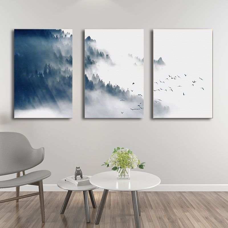 Asian Style Canvas Wall Art Black Bird Flock and Misty Forest Painting for Living Room