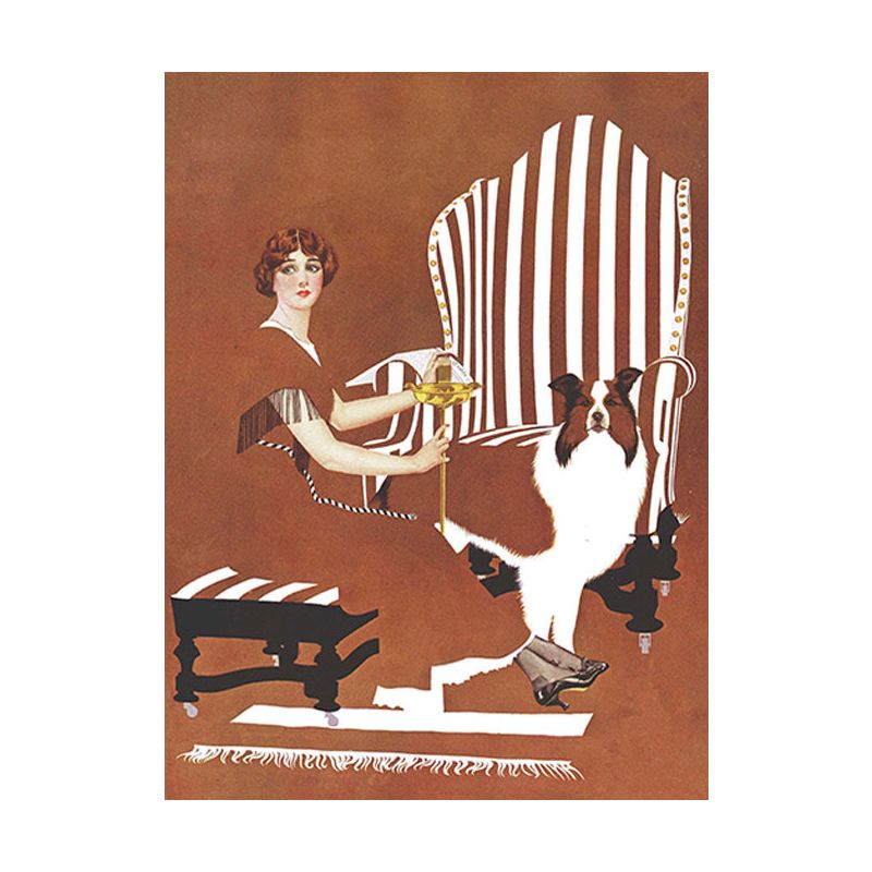Brown Traditional Art Print Illustration Housewife and Her Dog Drawing Canvas for Home