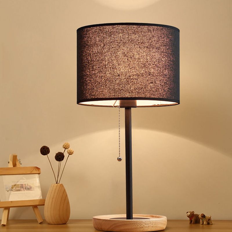 Lampada da comodino minimalista a 1 testa in tessuto per illuminazione da tavolo da studio a forma di tamburo con catenella
