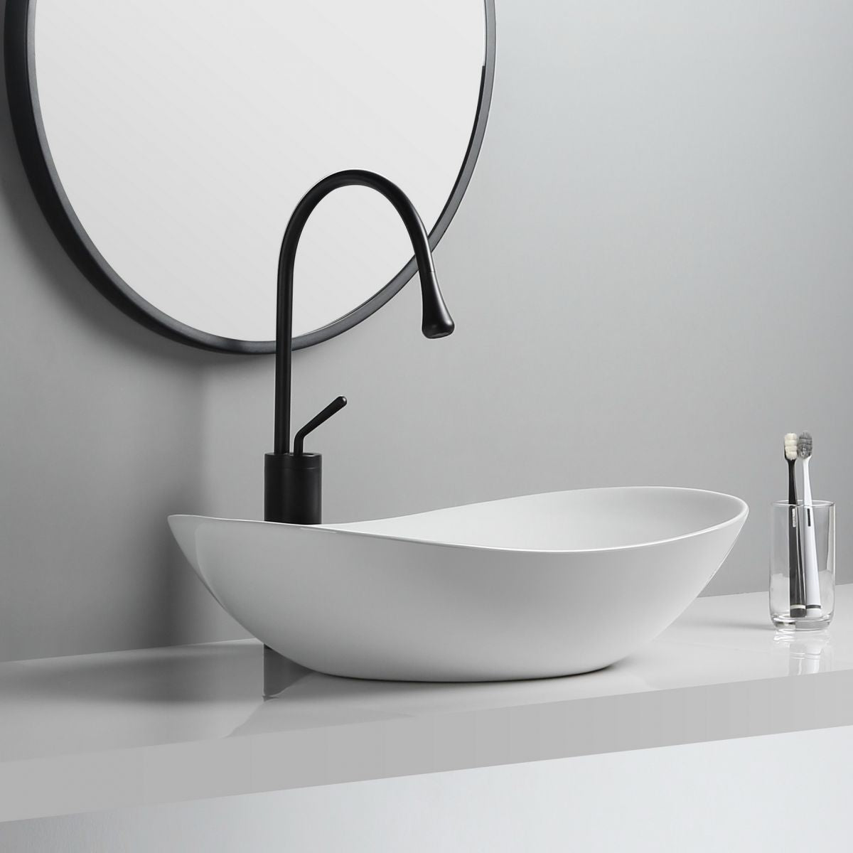 Modern Vessel Lavatory Sink Porcelain Oval with Faucet and Drain Assembly Vessel Sink