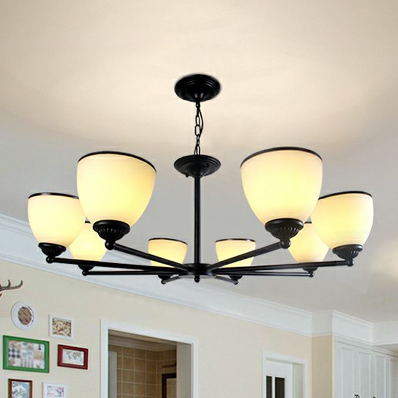 Metallic Radial Semi Flush Mount Light Retro Schlafzimmer Deckenmontage Kronleuchter mit Bellcremeglas Schatten in Schwarz