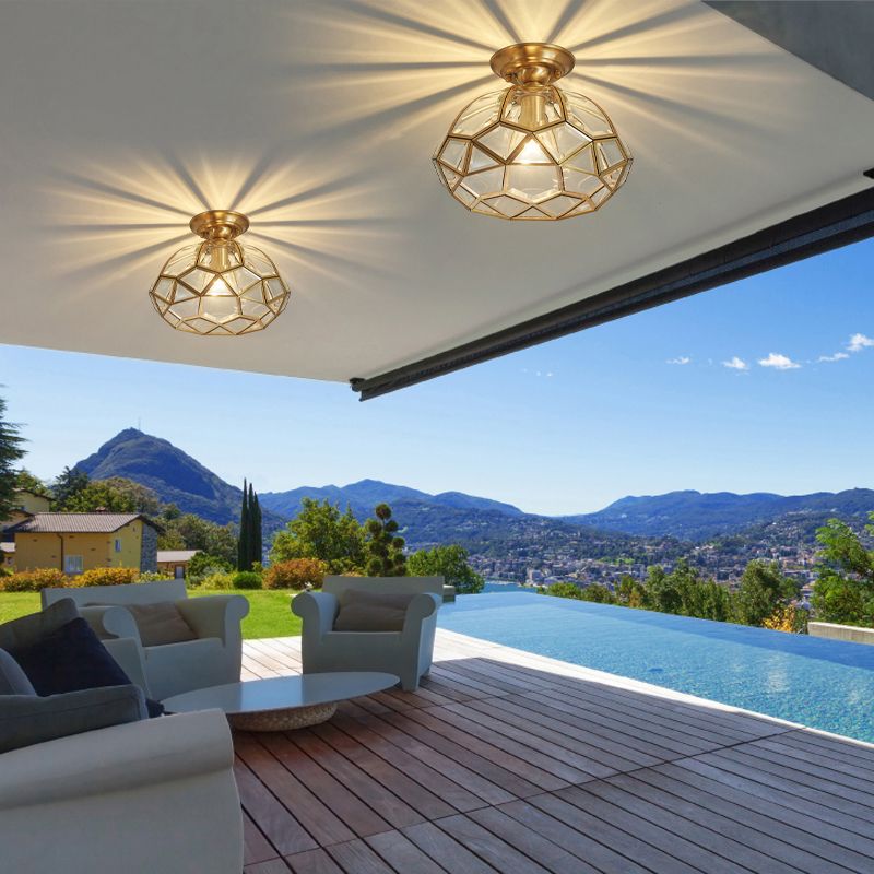 Plafonnier d'intérieur en cuivre à montage encastré de style colonial avec abat-jour en verre pur