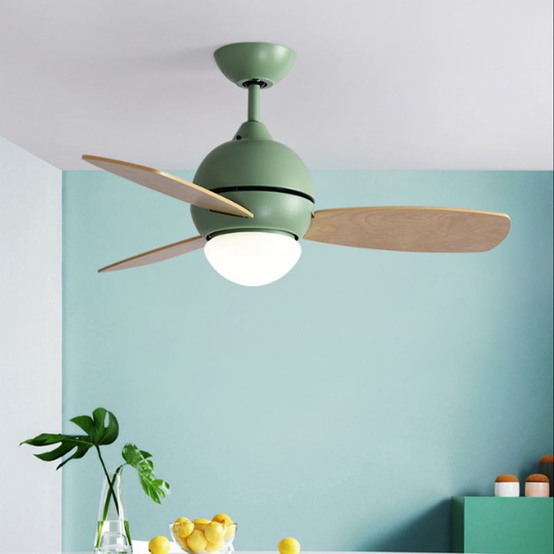 Ciotola modernista a ventola in metallo Light LED Monte semi-flush in rosa/giallo/verde con 3 lame in legno per soggiorno, larghezza 34 "