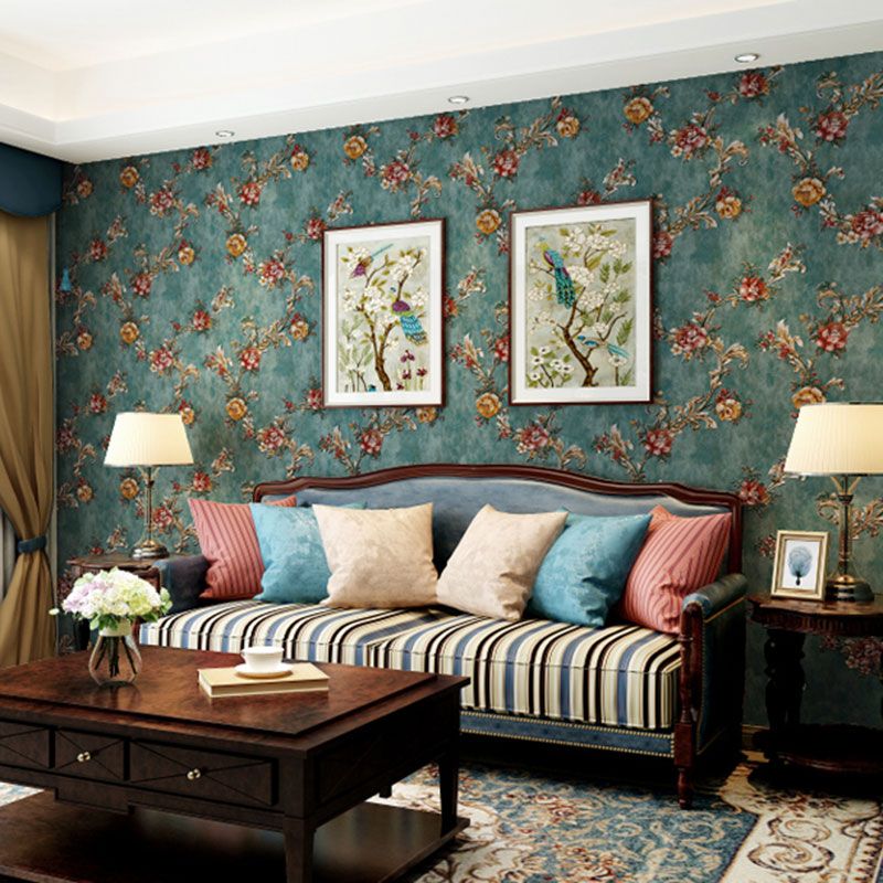 33' x 20.5" Flowers Wallpaper for Guest Room Decoration Leaves Wall Covering in Dark Green, Moisture-Resistant