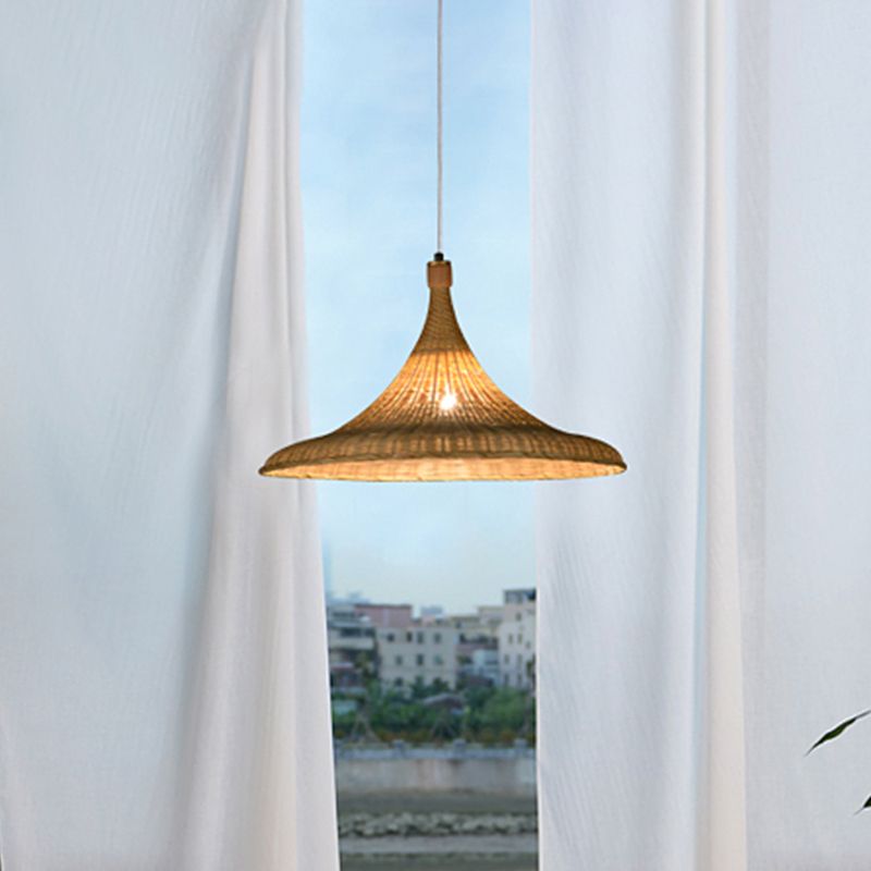 1 Head Wide Flare Pendant Light Chinese Bamboo Suspended Lighting Fixture in Flaxen