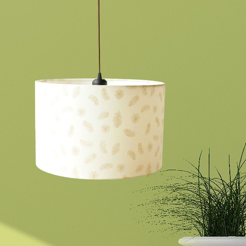Print Fabric Drum Pendant Light Fixture Nordic 1-Light White Suspension Lighting with Feather/Bird/Tree Pattern