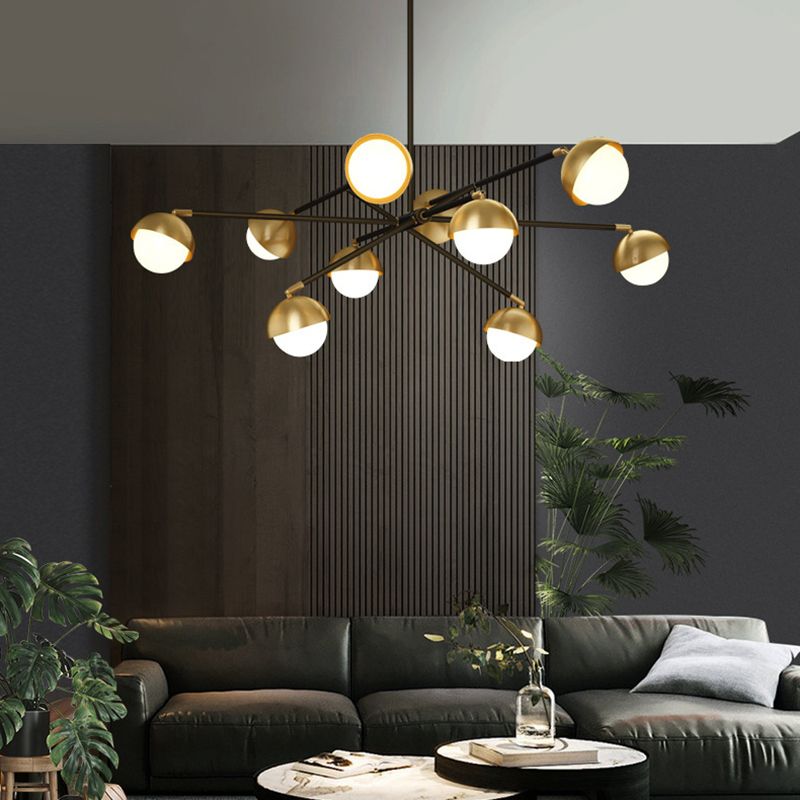 Postmodern Sputnik Chandelier Metal Living Room Pendant Light with White Glass Shade