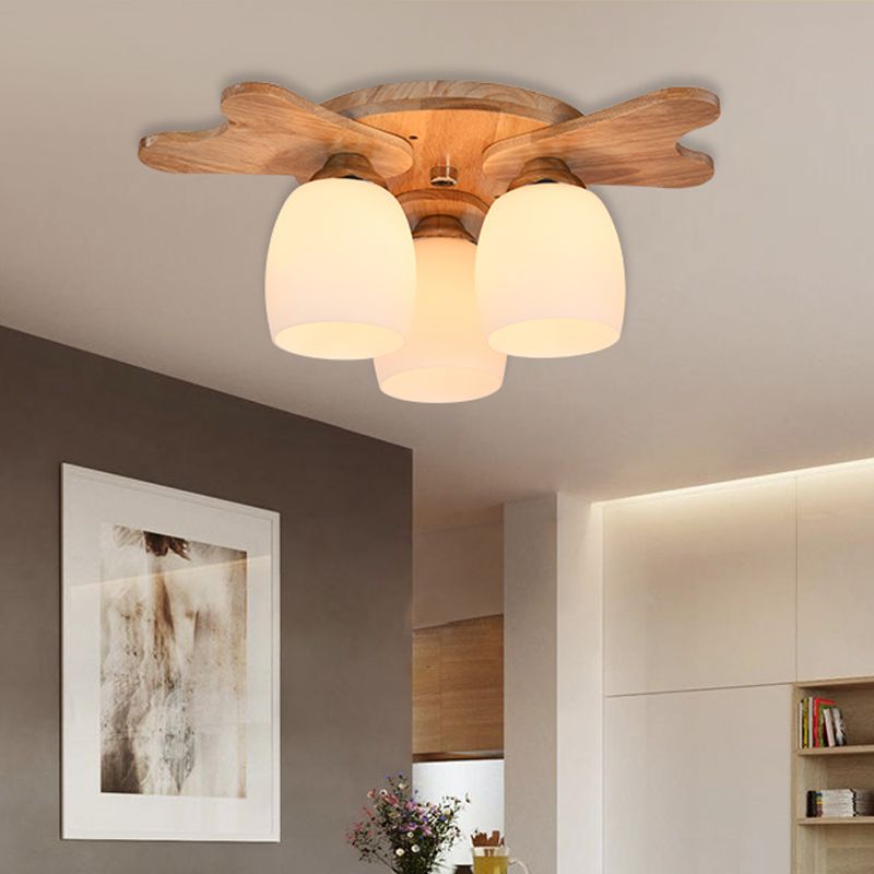 Cream Glass Bell Flush Ceiling Light Nordic 1/5/7-Head Semi Mount Lighting with Antler Top in Wood