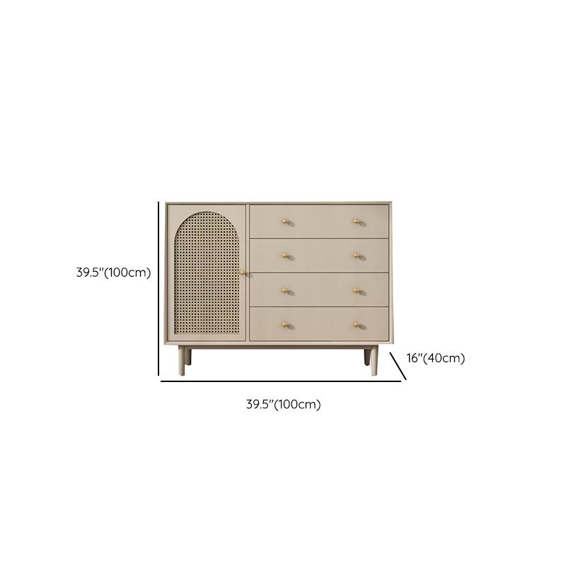 Solid Wood Glass/Rattan Door Cabinet Mid Century Beige Chest with Drawers