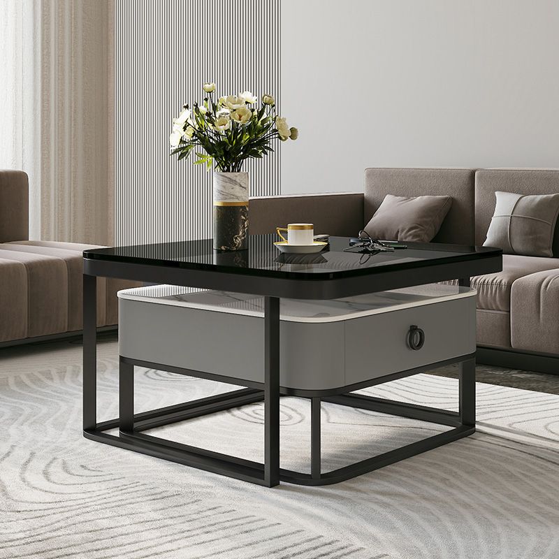 Glass/Slate Top Coffee Table Contemporary Frame Coffee Cocktail Table with Drawers
