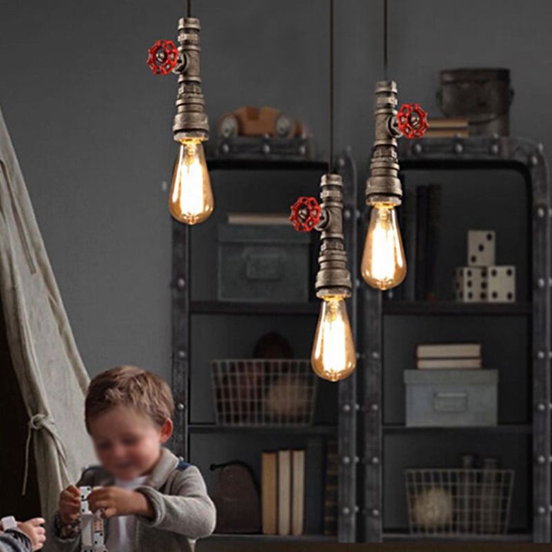 Vintage Exposed Bulb Pendant Light Kit 1 Light Metallic Hanging Lamp in Rust with Decorative Valve for Bedroom