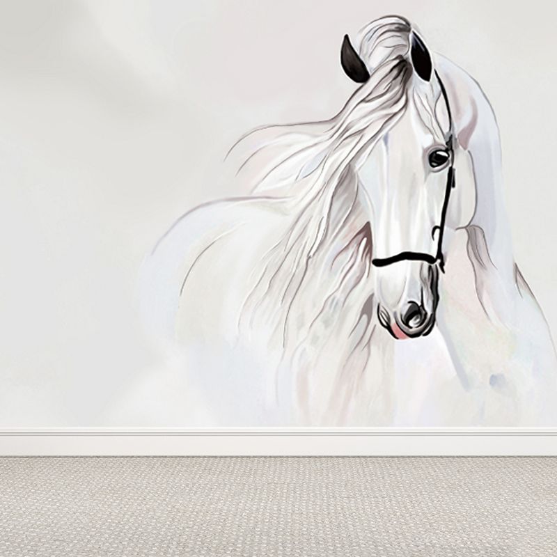 White Horse Head Wall Mural Animal Modern Moisture Resistant Wall Decor for Bedroom