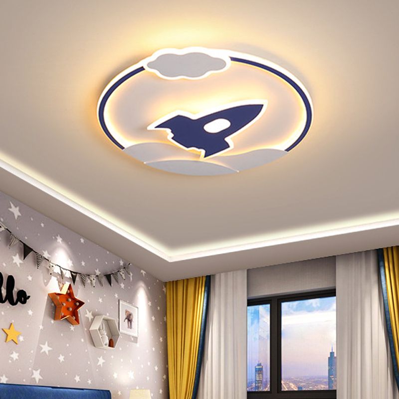 Blue Space Rocket Thin Flushmount Lamp Cartoon Acrylic LED Close to Ceiling Light for Children Bedroom in Warm/White Light