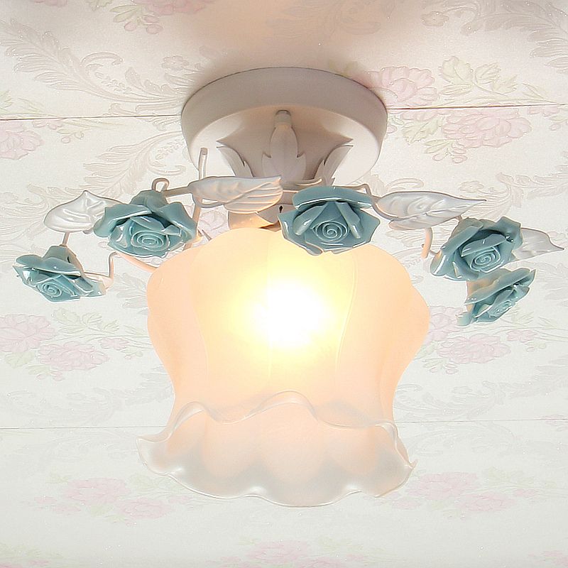 Ruffle Frosted White Glass Semi Flush Mounted Light Pastoral Style 1-Light Dining Room Ceiling Lighting in Pink/White/Blue