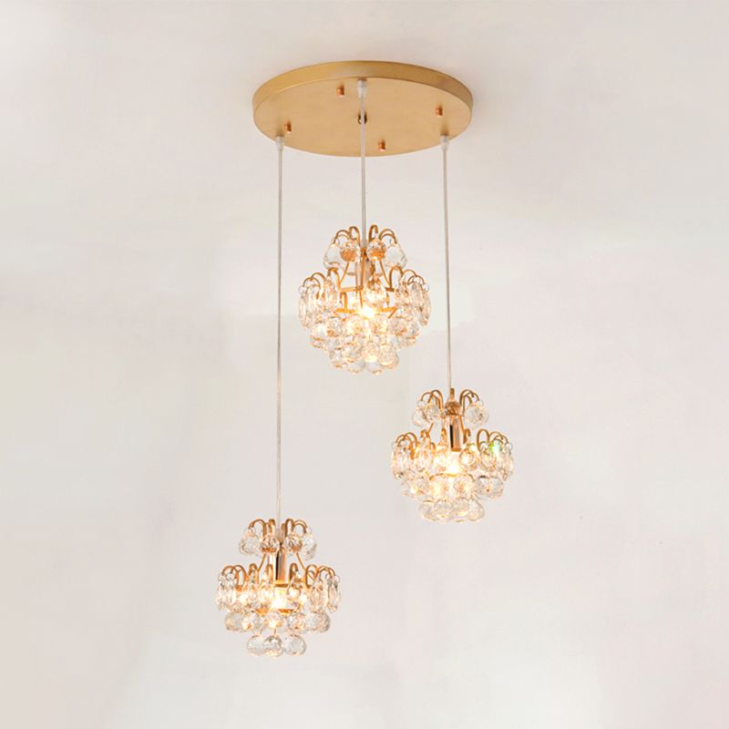 Round/Linear Canopy Dinning Hall Multi Ceiling Lamp Modern Metal 3 Bulbs Black/Gold Hanging Pendant with Clear Crystal Balls