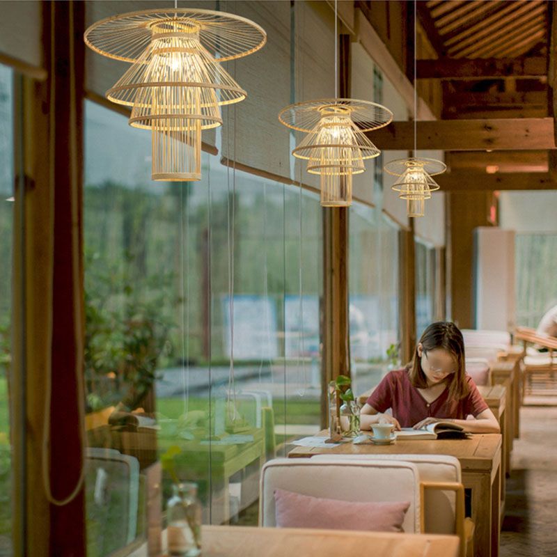 Wood Layered Suspension Light Simplicity 1 Bulb Bamboo Pendant Lighting for Tea Room
