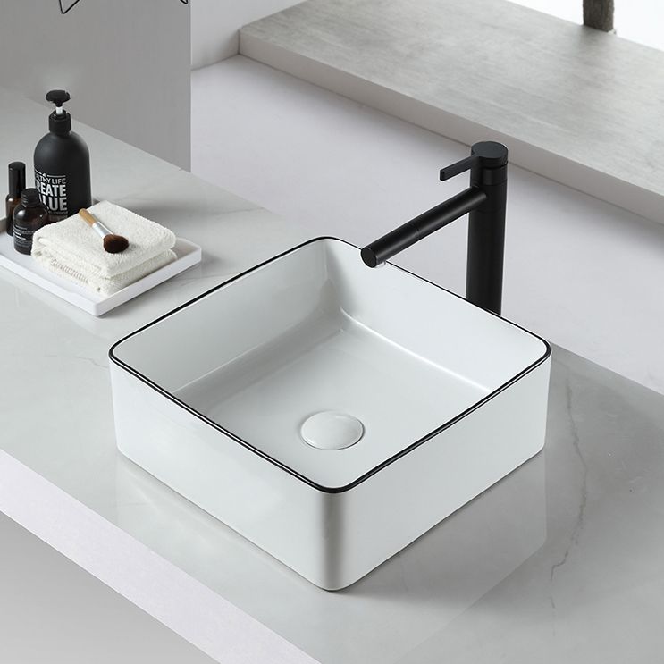 Modern Bathroom Sink Pop-Up Drain Porcelain Rectangular Vessel Sink