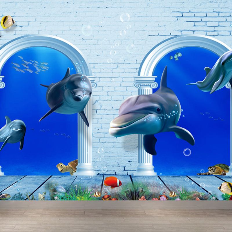 Aquarium Sea Life Mural Wallpaper Kids Style Non-Woven Fabric Wall Covering in Blue