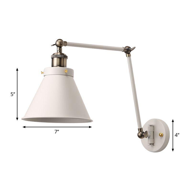Cone Wall Lighting Fixture Industrial Style Metal 1 Bulb Black/White Wall Sconce Light with Swing Arm for Bedroom