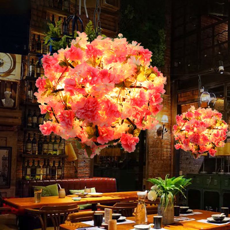 Ball Restaurant Chandelier Light Industrial Metal 4 Bulbs Pink LED Hanging Lamp with Cherry Blossom