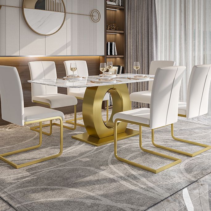 Luxury Sintered Stone Dining Table Rectangle White Table with Metal Pedestal in Gold