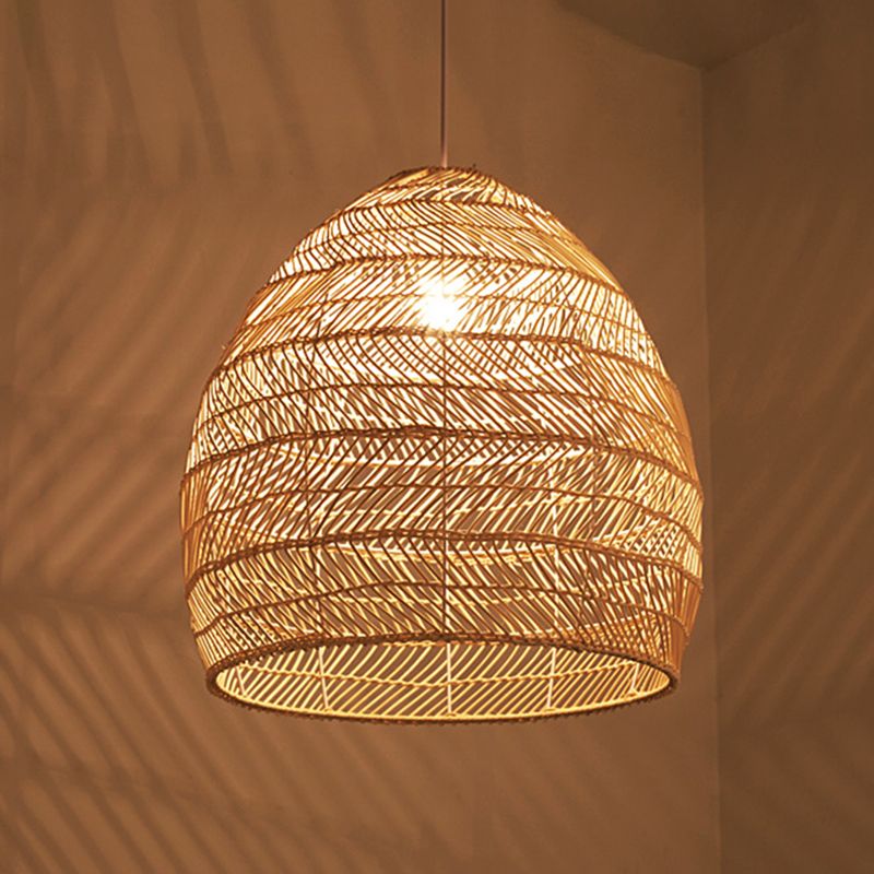 Japanese Hanging Lamp Kit 1-Light Beige Rattan Down Lighting Pendant for Study Room