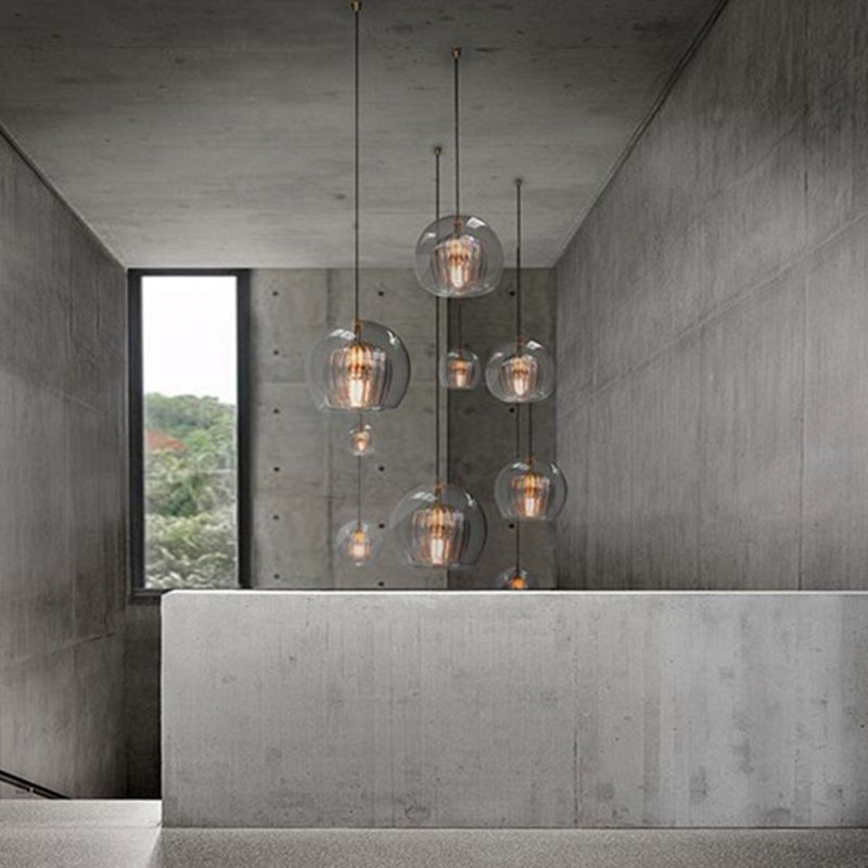 Double Glass Shade Ball Shaped Hanging Light Modern Simplicity Electroplated Brass Lighting Fixture for Bedroom