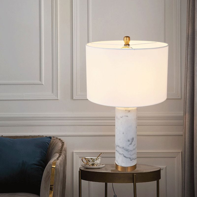 Lampada da tavolo minimalista a 1 luce in tessuto per soggiorno, con luce notturna e colonna in marmo in bianco/nero