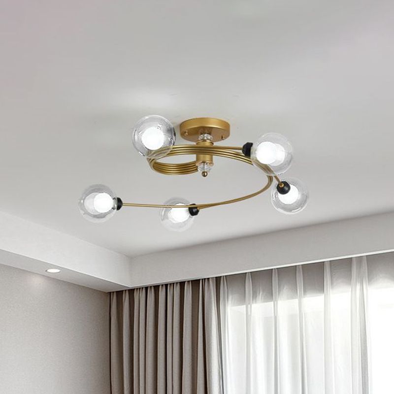 Gold Spiral Semi Flush Lighting Nordic 3/5 Lichter Deckeneinbau mit Orb Klar/Milch/Weiß Glasschirm