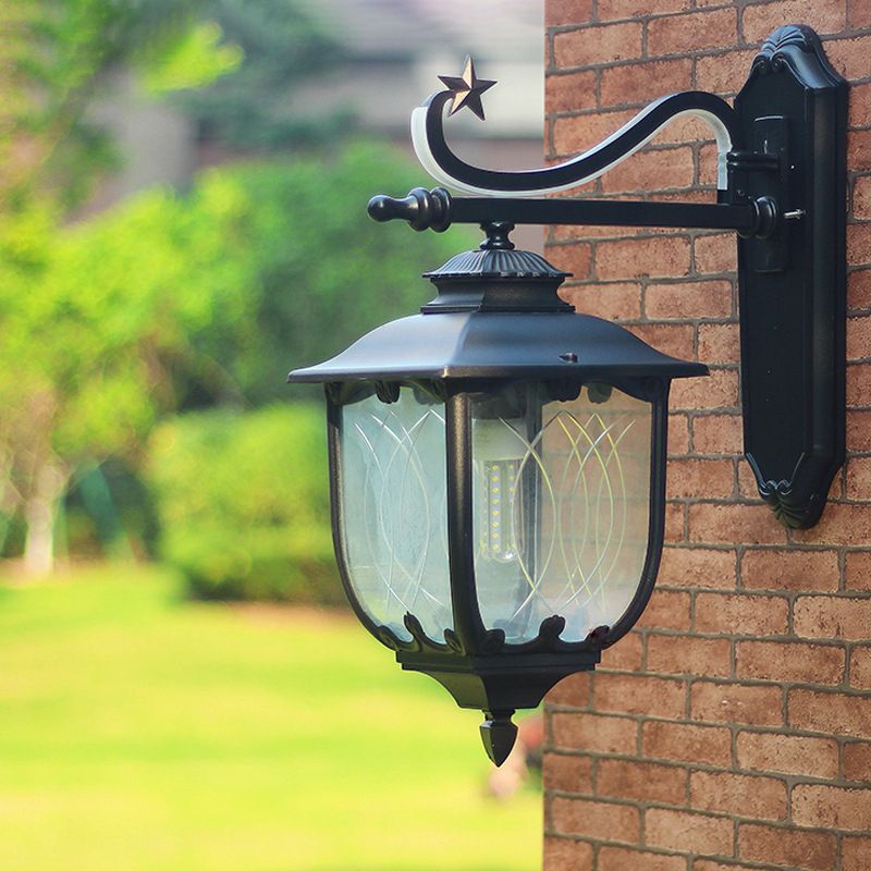 Schwarze Laternenwandländer strukturiert/Wasser Glas 1 Licht 9 "/13" W Außenwandhalterung Lampe