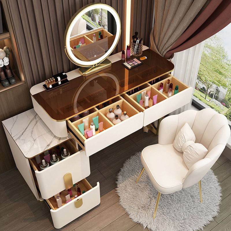 Glass Makeup Counter Bright White Vanity Tables with Storage Drawers, 15.74" Wide
